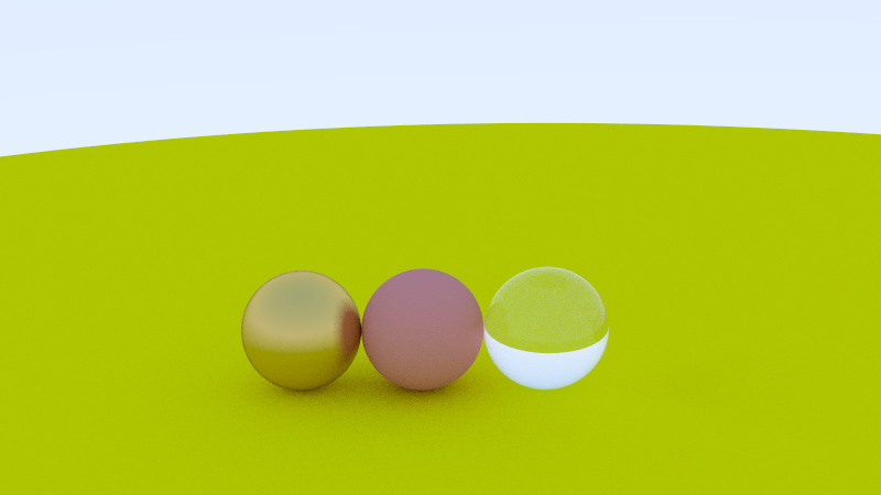 A rendered image of 4 spheres; one with a metallic gold material, one that is matte red, one made out of glass, and a large matte green sphere acting as the ground.