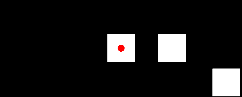 The first level of Dasher, which shows the player avatar (a red dot) resting on a platform (a white square)
