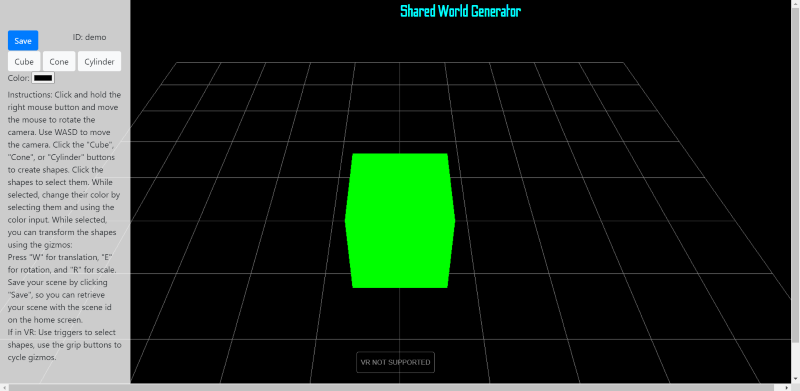 The default 'demo' scene of Shared World Generator, with a green cube in the center, a white grid, and controls and instructions on the left side